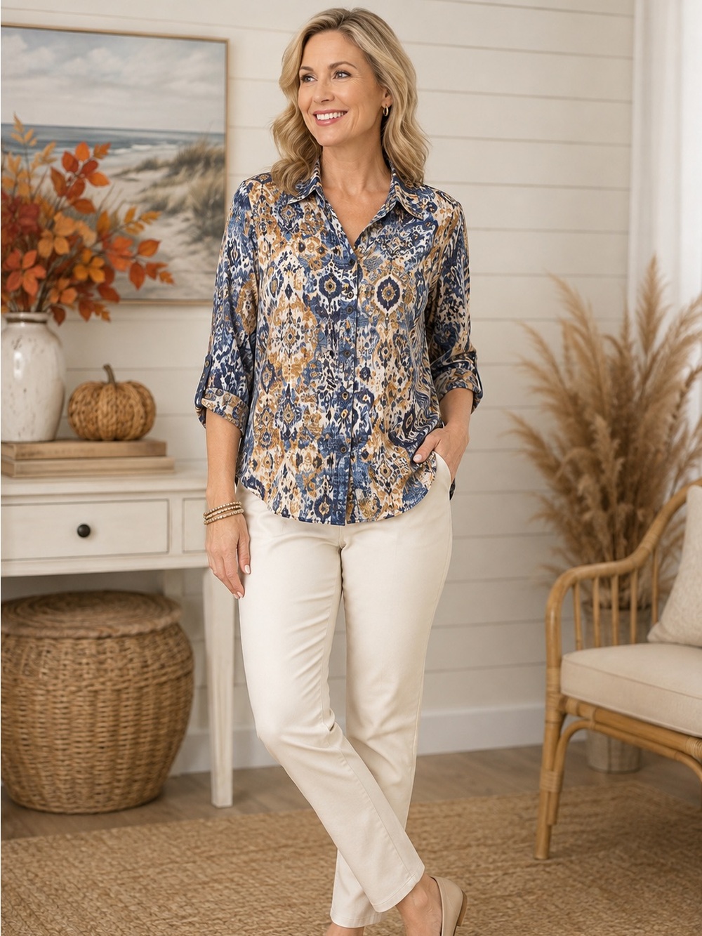 David Cline Blue Tan Ikat Print Roll Tab Snap Front Shirt Large USA